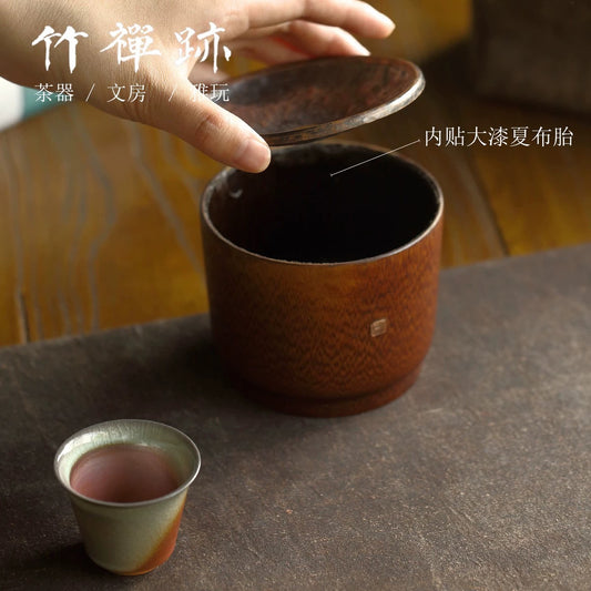 Lacquered Linen-Body Tea Cleansing Bowl with Copper Lid (Multi-Functional Tea Debris Container & Teapot Drip Tray)