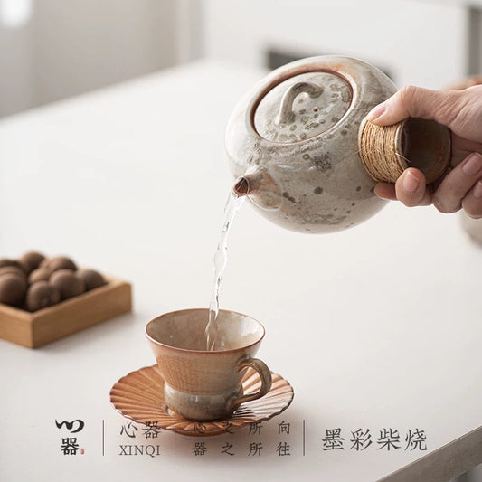 Sumi-Ember Tea Brewing Set" - Wood-Fired Side-Handle Teapot with Kiln-Transformed Wabi-Sabi Glaze & Retro Charcoal Stove (Large Capacity Ceramic Set)