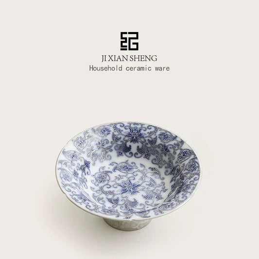 Vermeil & Blue-and-White 'Doucai' Ceramic Tea Snack Tray— Luxury Gilded Serving Platter for Fruits/Pastries with Dual Use as Teapot Stand (Premium Gongfu Tea Ceremony Accessory)