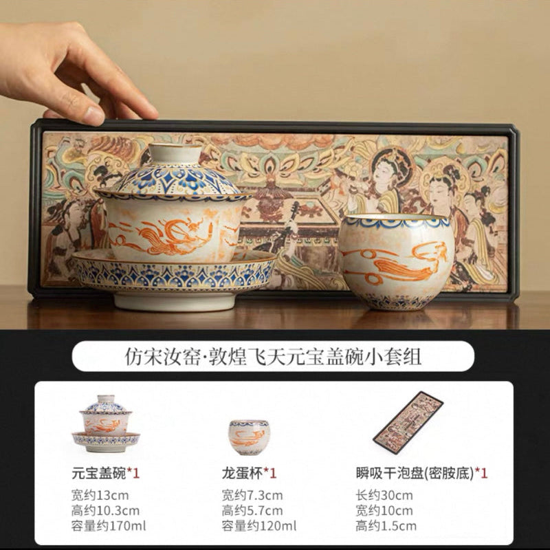 Ru Kiln 'Dunhuang Feitian' Treasure Tea Set**
— Celadon Lidded Bowl (Sancai Style) with Teapot & Cup – Antique-Inspired Gongfu Tea Ceremony Collection