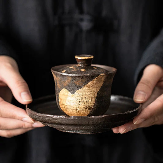 Golden Glaze Wood-Fired "Sancai" Tea Bowl - Handheld Retro Style Japanese-inspired Single Tea Set for Home Brewing & Gongfu Tea Ceremony