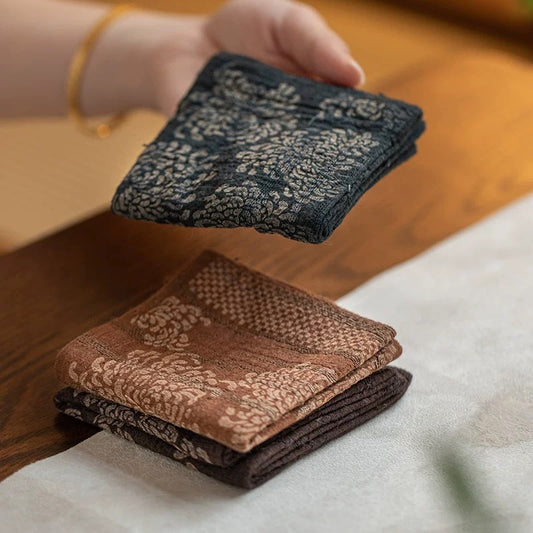 Pure Linen Tea Towel Set - Minimalist Jacquard Tea Table Runner with Absorbent Coasters (Dry Tea Ceremony Cloth & Teapot Care Kit)