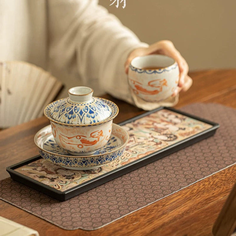 Ru Kiln 'Dunhuang Feitian' Treasure Tea Set**
— Celadon Lidded Bowl (Sancai Style) with Teapot & Cup – Antique-Inspired Gongfu Tea Ceremony Collection