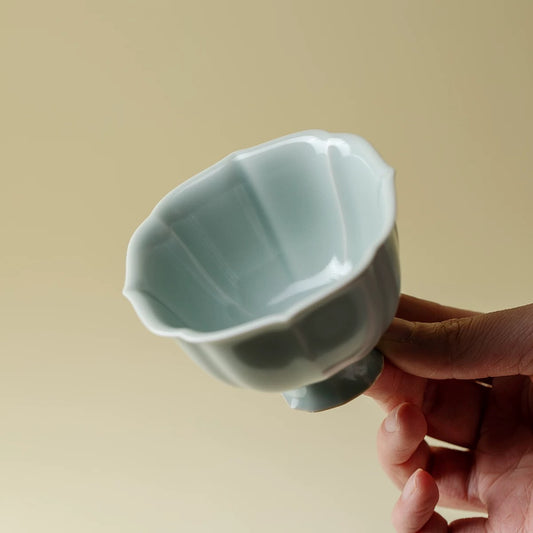 Sky-Blue Ru Kiln Tea Cup Set - Petal-Rimmed Stemmed Cups in Song Dynasty Style