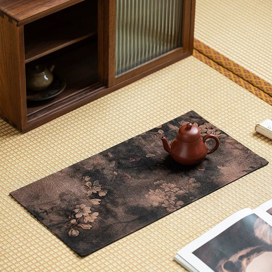 Gambiered Canton Silk Dry Tea Ceremony Mat – Chinese Zen-style Waterproof Table Runner (Antique-Inspired Tea Table Decor)