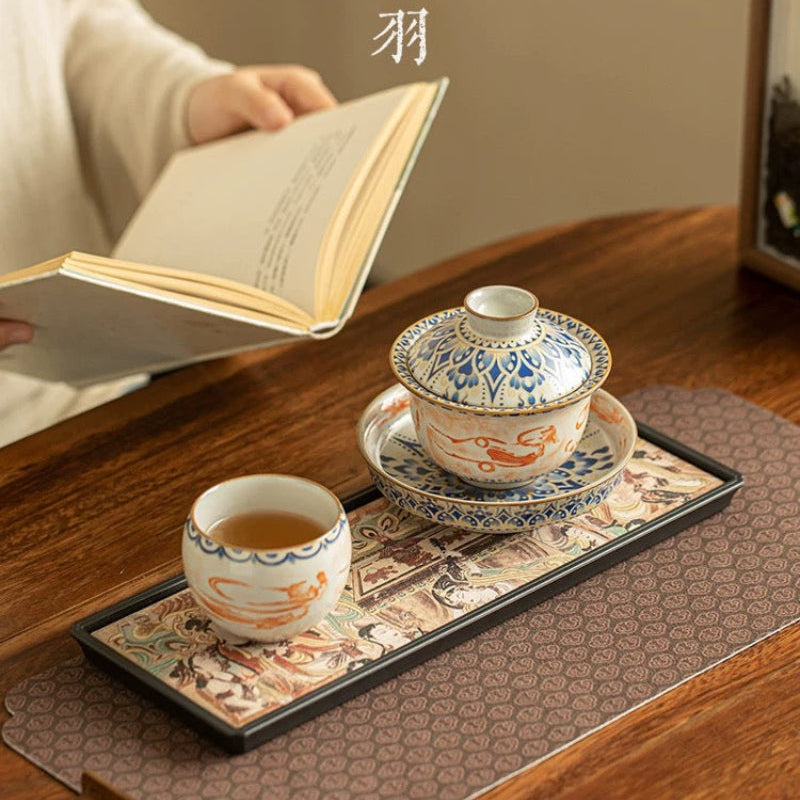 Ru Kiln 'Dunhuang Feitian' Treasure Tea Set**
— Celadon Lidded Bowl (Sancai Style) with Teapot & Cup – Antique-Inspired Gongfu Tea Ceremony Collection