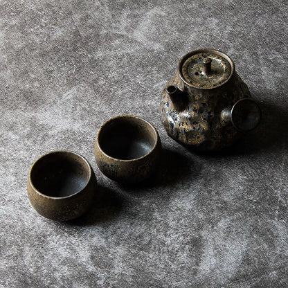 Handmade Coarse Clay Side-Handle Teapot - Retro Japanese-Style Ceramic Teapot with Gold Accents, Small Hammered Texture Kungfu Tea Brewer (Single Pot)
