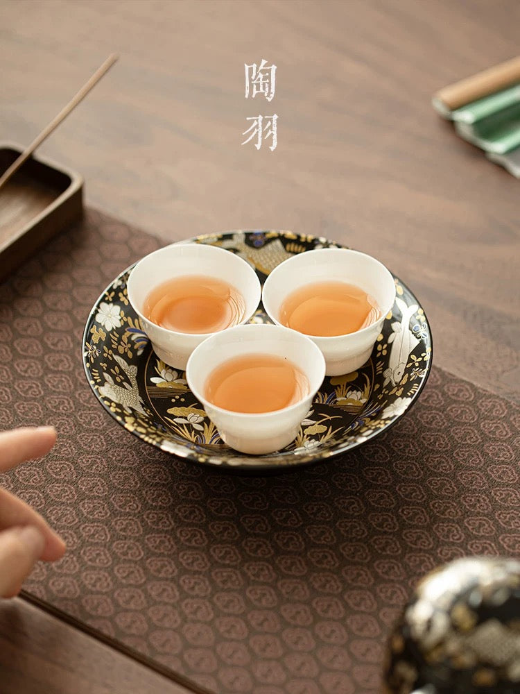 Gilded Silver-Filigree 'Fish & Waterweed' Tea Tray－ Silver-Inlaid Ceramic Tea Boat (Dry Brewing Platform)