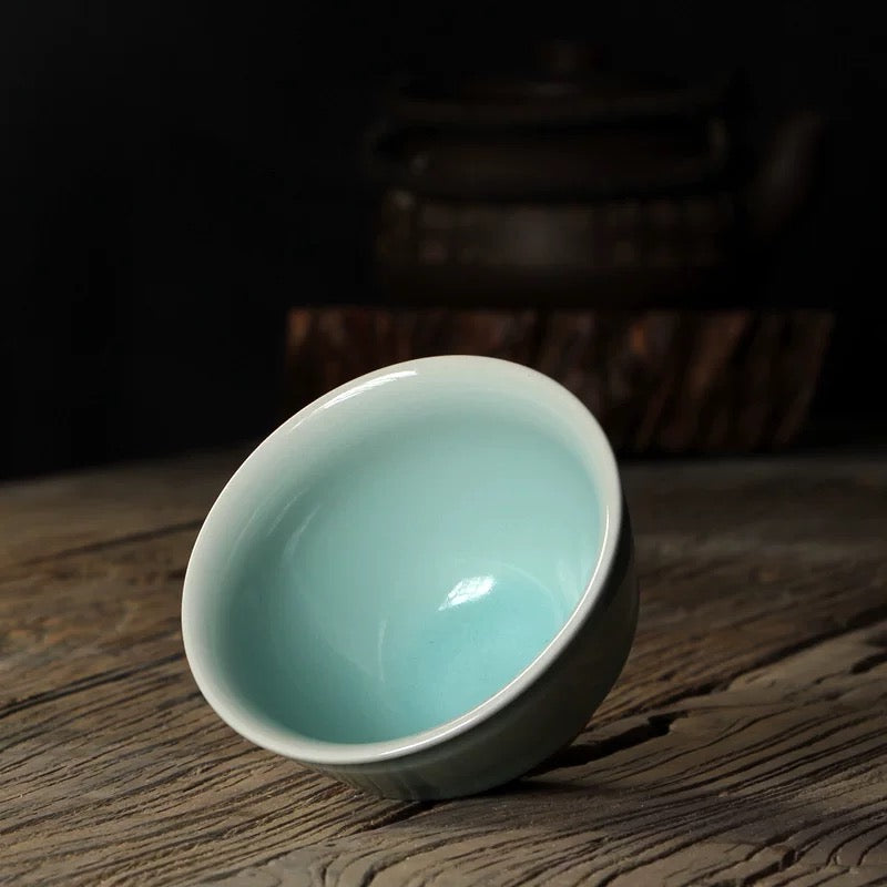 Premium Celadon Tea Cup – Handmade 'Weeping Glaze' Porcelain with Oil-Sheen Finish